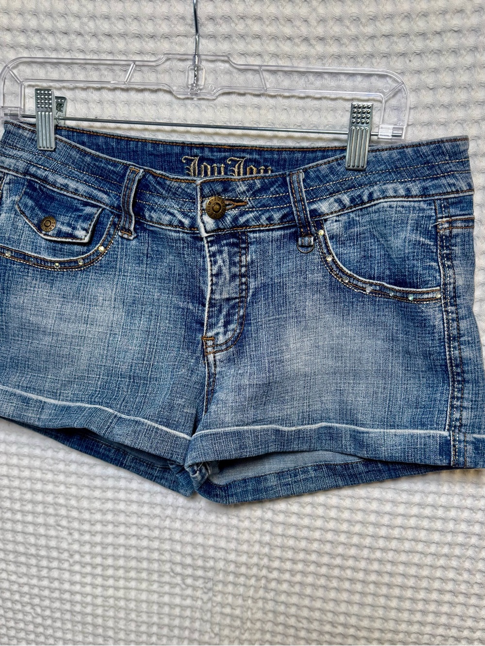 Vintage Jou Jou Rhinestone Denim Shorts Size 11/12. Low Rise Bling Back Pocket